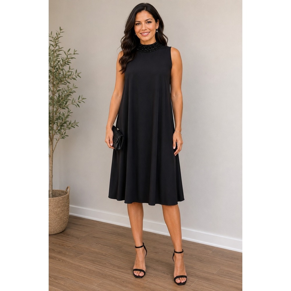 Annalee + Hope Beaded Mock Neck Sleeveless‎ Swing Black Dressy Women Minimalist